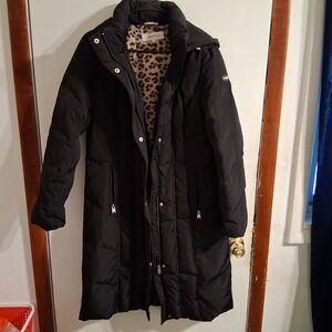 Vintage Y2K CBK Calvin Klein Down Feather Jacket Coat Black Leopard Print M